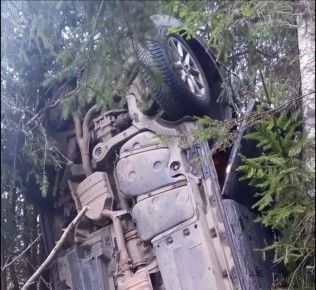 «Ауди» повис на дереве после столкновения с другой машиной в Маловишерском округе