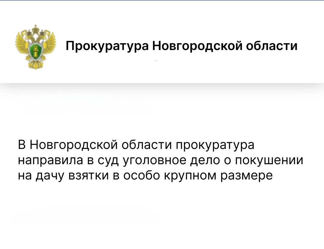 Прокуратура Новгородской области направила в суд уголовное дело в отношении директора коммерческой организации, обвиняемого в совершении преступления, предусмотренного ч. 3 ст. 30, ч. 5 ст. 291 УК РФ (покушение на дачу...